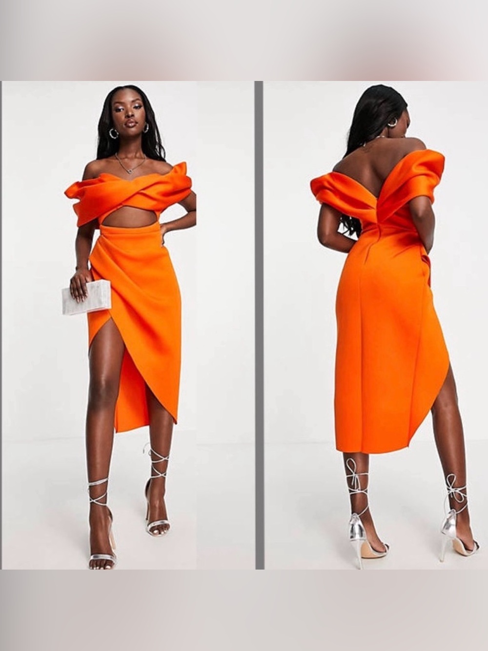 Like New: ASOS Off Shoulder Pencil Wrap Tuck Midi Dress Squishy Orange Sz 8